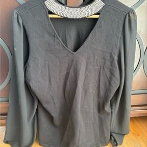 INC International Concepts Black Top with Beaded Neckline